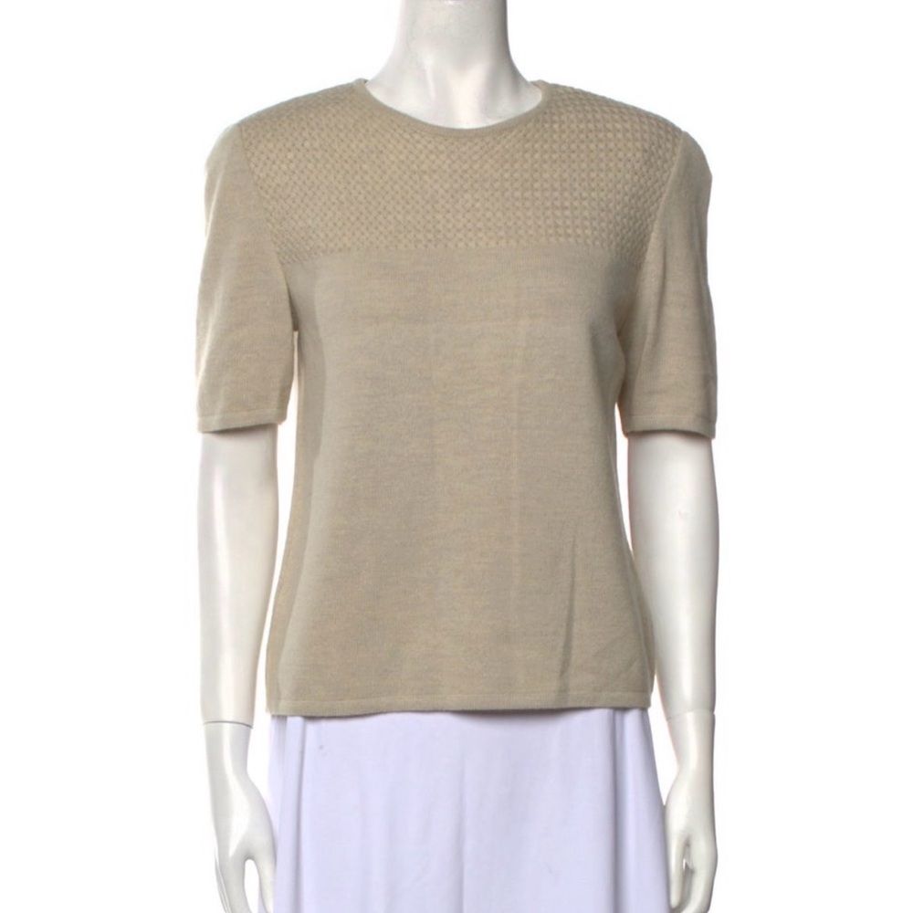 Valentino Beige Short-Sleeve Knit Top with Textured Yoke